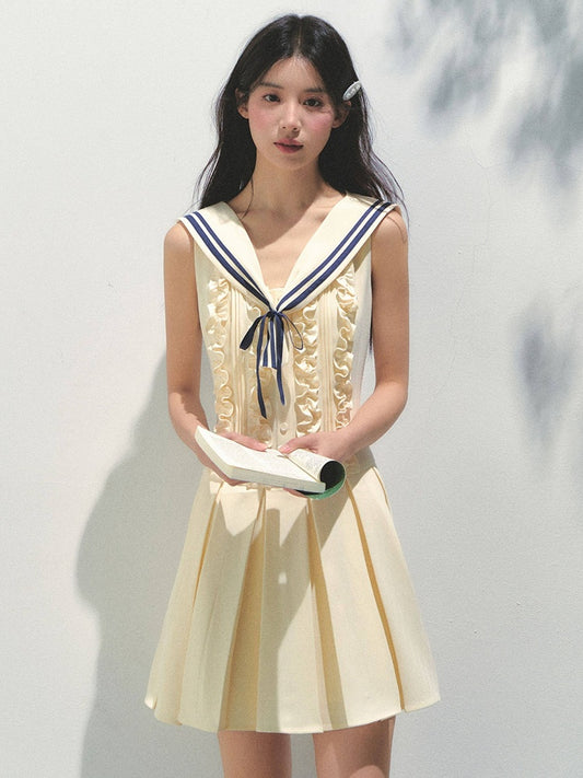 Sailor Yellow Kawaii Pleated with Collar Detachable Style Dress