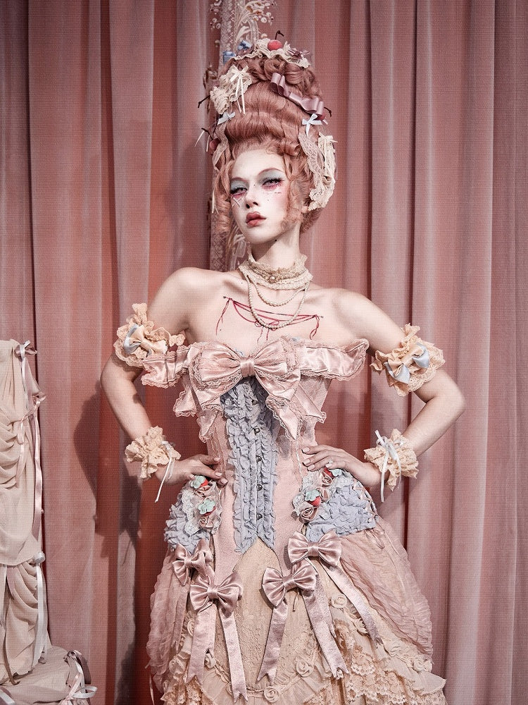Strawberry Mousse Rococo Corset Top with Detachable Chest Bow and Shoulder Straps - Blood Supply