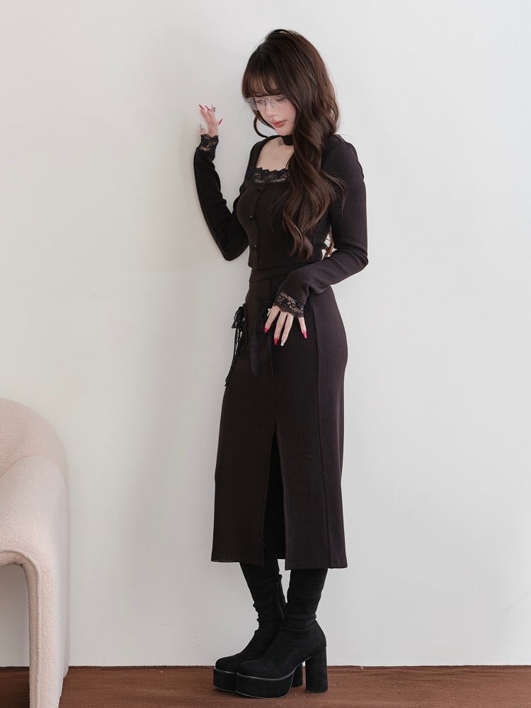 Slit - Lace Jirai Accent Bow Set Square Skirt Black Two-Piece Neck Choker Top Kei Design +