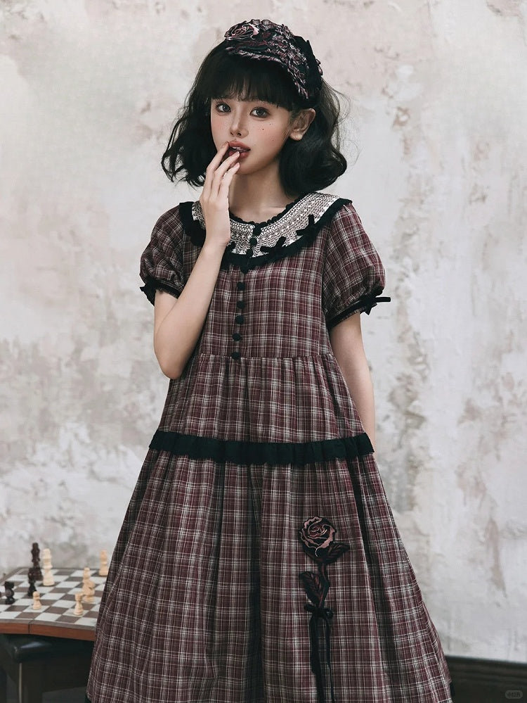 Black Plaid Dress Rose Trim Red Classic Elegant Lolita with Embroidery Short and Sleeves