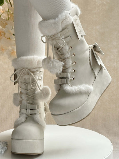 Fleece White Bow Sweet Lining Star Platform Boots Lolita Charm And Pompon Shoelaces for Heart Decor with Winter 4cm -