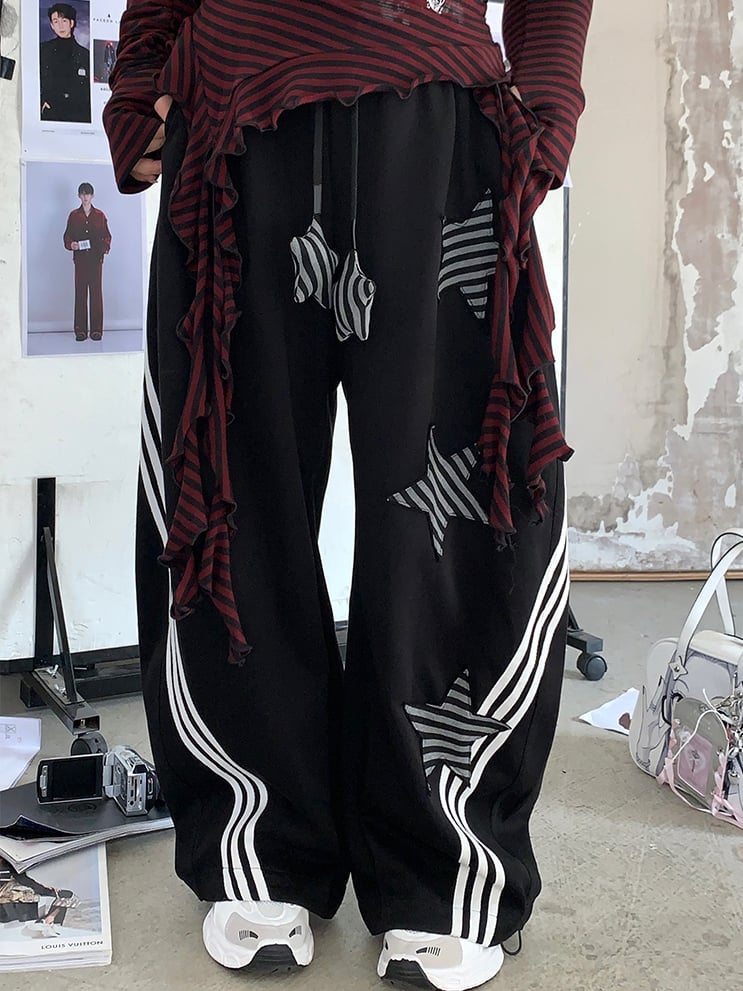 Größe Schwarze Freizeithose mit weitem Bein und gestreiften Sternapplikationen Plus Y2K