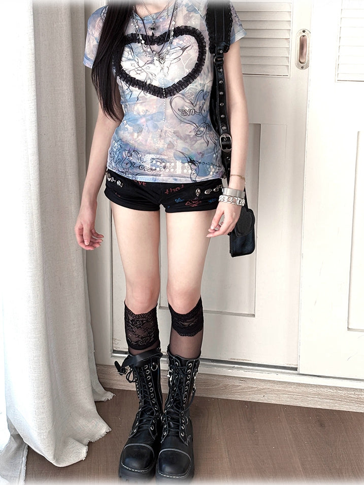 T-Shirt Blue Sweetheart Ruffle Graphic Mesh