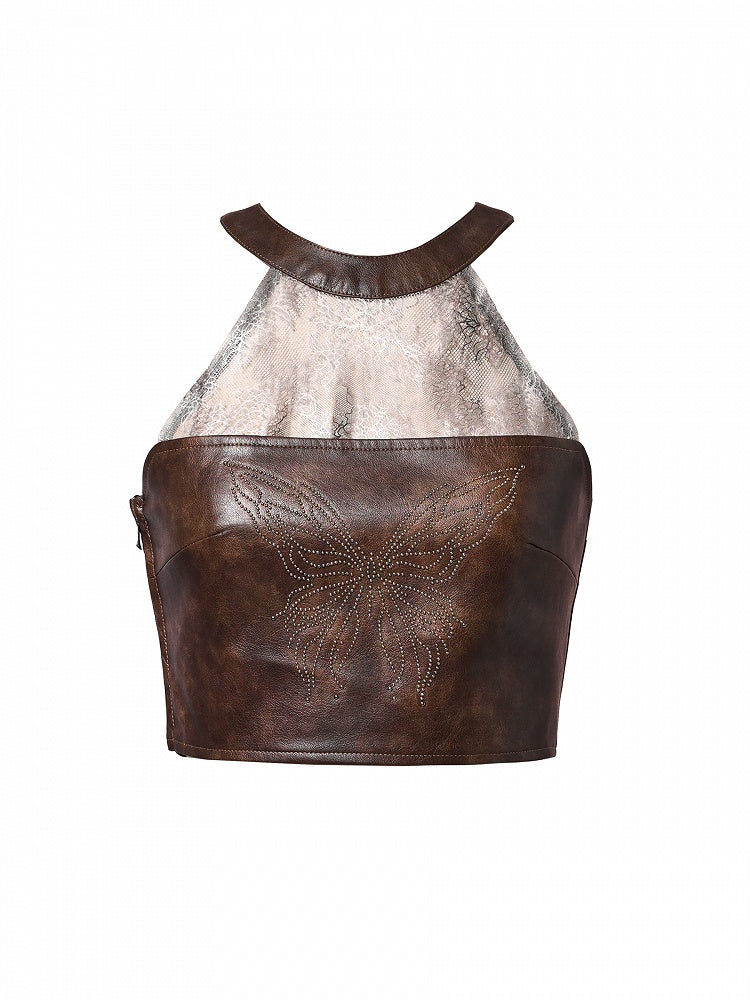 Wasteland PU Neck Punk Top Dark Butterfly Halter Brown