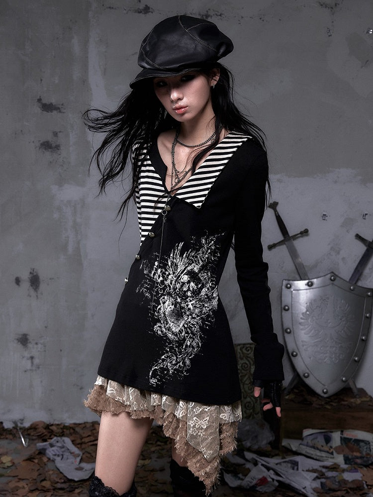 Top Vintage + Gothic Y2K Striped Collar with Black Punk Heart Knit Sleeve Motif