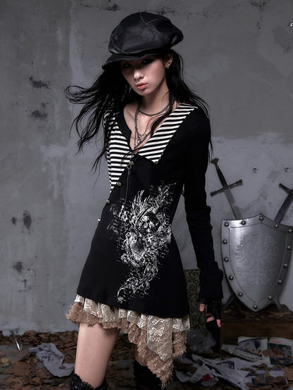 Top Vintage + Gothic Y2K Striped Collar with Black Punk Heart Knit Sleeve Motif