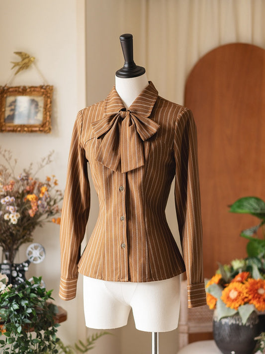 Sleeves Striped Elegant Bowtie Shirt Brown Long with Mocha