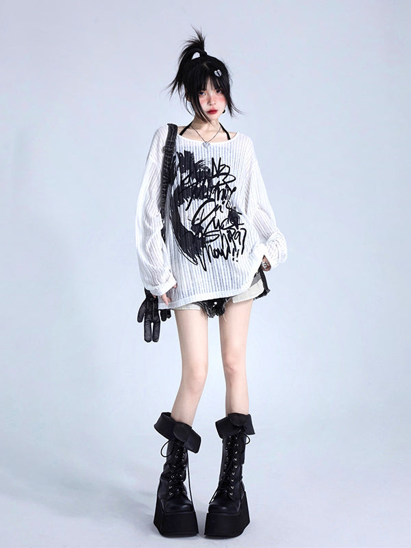 Fit Graffiti Pullover White Knit Print Loose