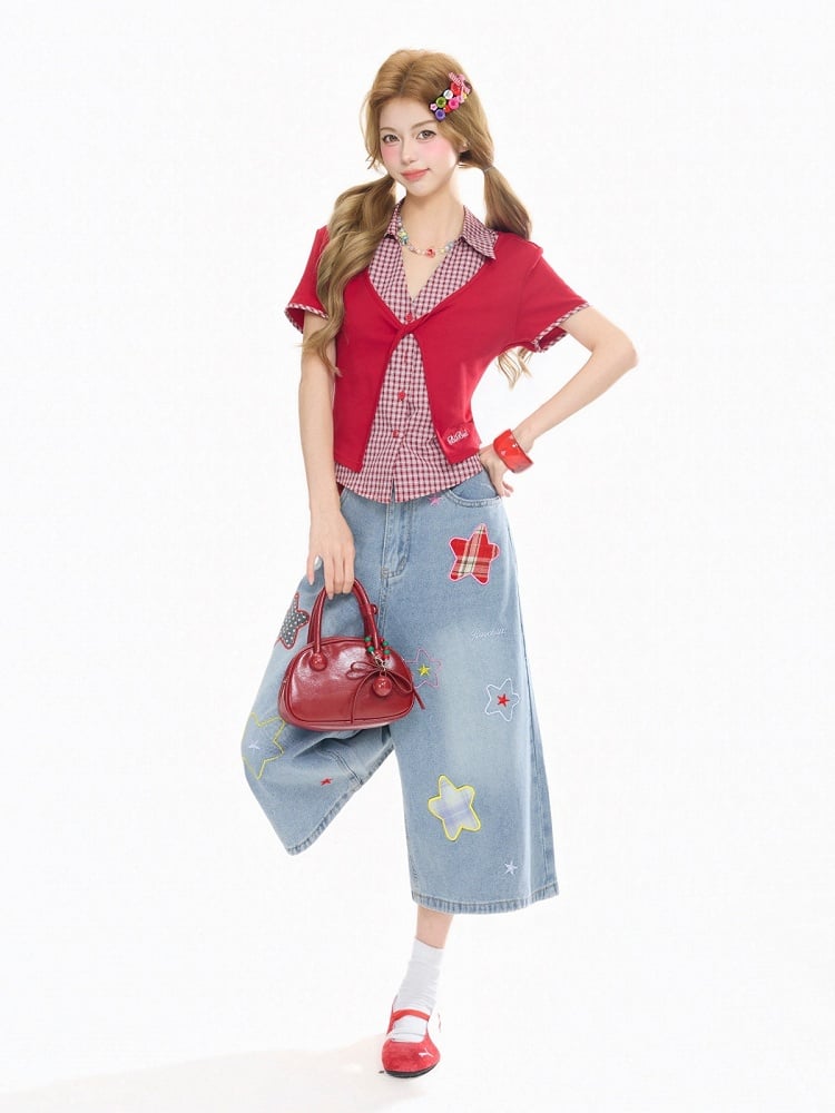 Cute Light Blue Cropped Wide-Leg Denim with Star Patches - Rayohopp