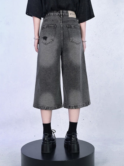 Distressed Denim Cropped Wide-Leg Pants - Quirky Hut