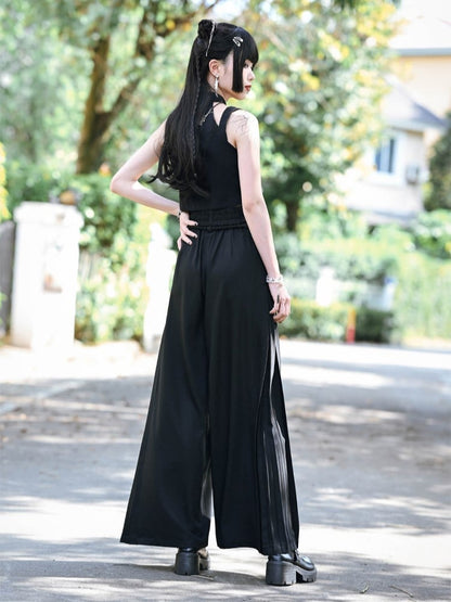 Black Version Wide-Leg Regular/Short Panel Pants Side with Cheongsam Cord Waist Pleated