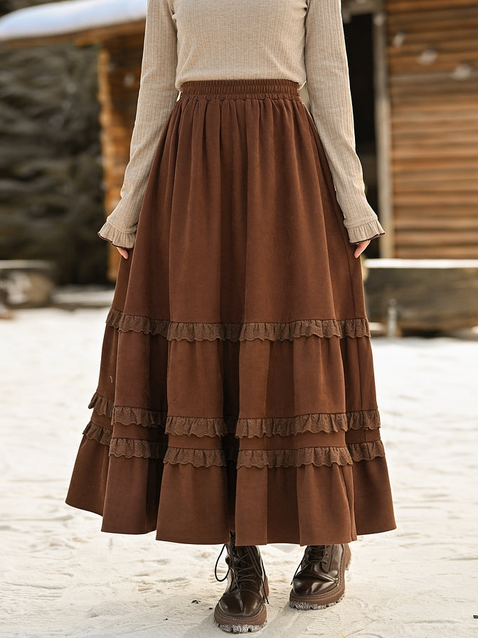 Brown Lace Trim Ankle Length Skirt