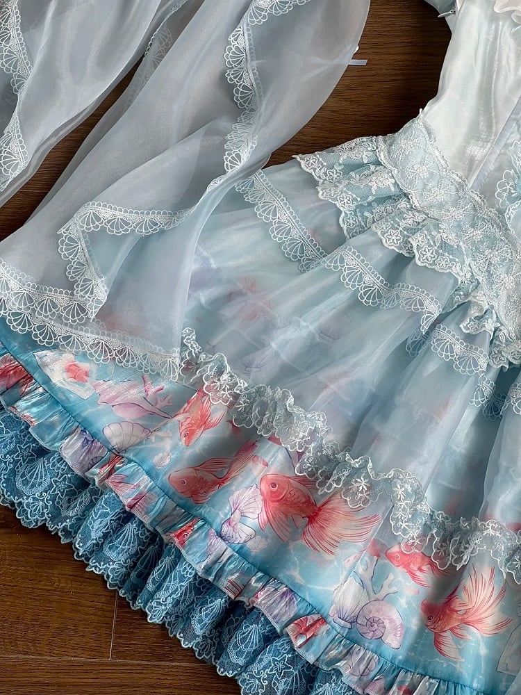 Robe bouffante en dentelle imprimée poisson rouge - Mewroco