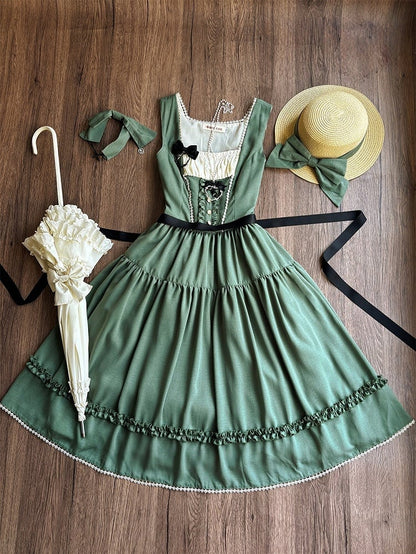 Green Elegant Classic Lolita JSK Dress with Ruffled Front Placket and Lace Trim