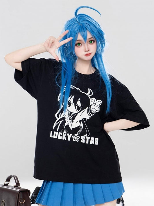 T-Shirt Print Schwarzes Mädchen und Cartoon-Buchstabe