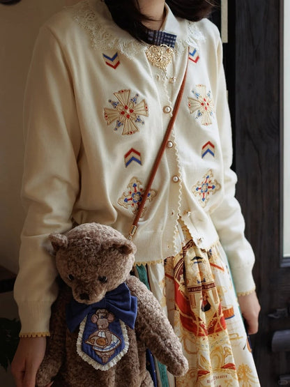 White Embroidered Pattern Elegant Lolita Knit Cardigan - Crucis Universal Tailor Company