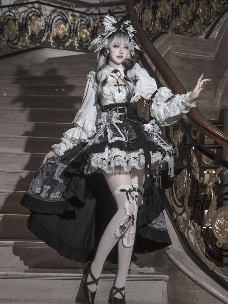 with Trims Skirt Black Elastic Ruffle Small Bows Waist White