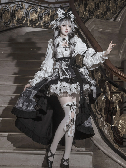 with Trims Skirt Black Elastic Ruffle Small Bows Waist White