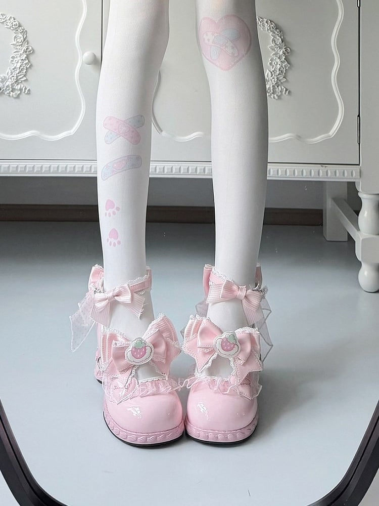 Strawberry Cream Theme Pink Lolita Shoes with Kawaii Heart & Bowknot Decor Heels - Cute Bunny