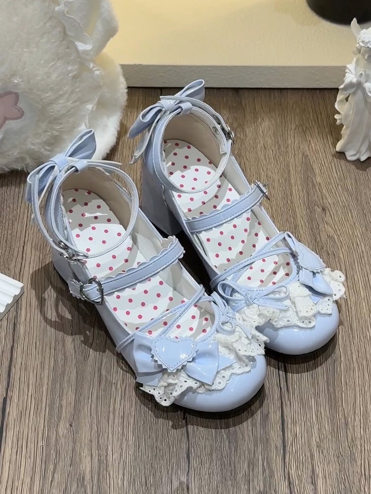 Süße Schnalle mit Schleife Schuhe Janes - Lacework Lolita Details Blue Heart Mary