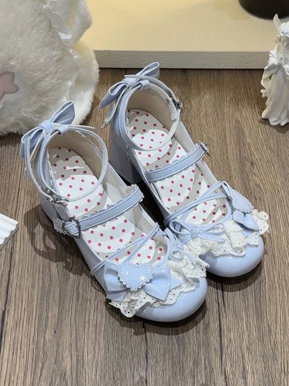 Süße Schnalle mit Schleife Schuhe Janes - Lacework Lolita Details Blue Heart Mary