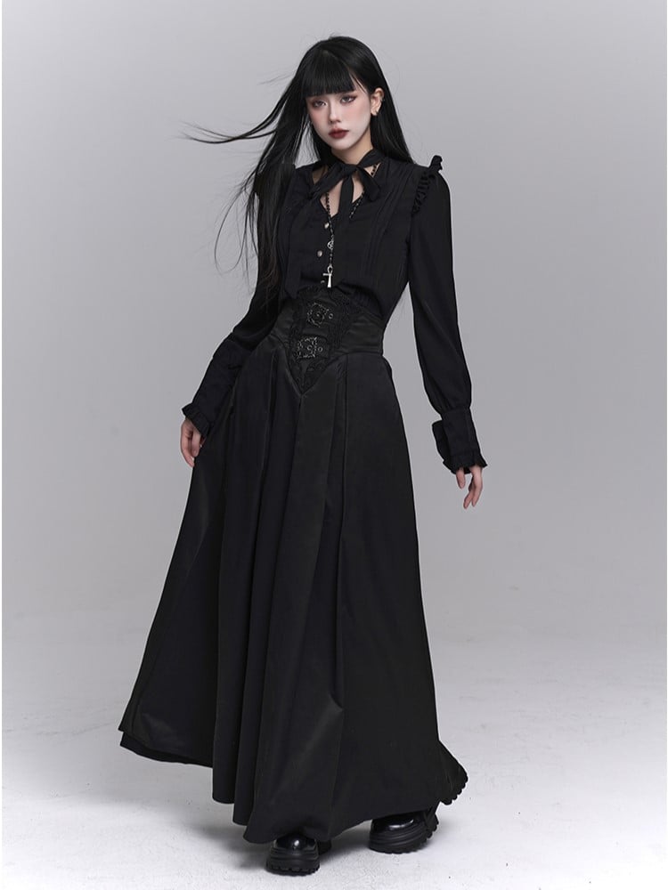 with Waist Accents Metal Ankle-Length Buckle Corset Black Embroidered Skirt Gothic
