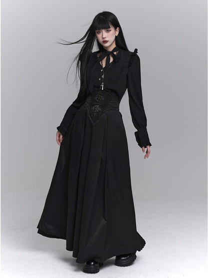 with Waist Accents Metal Ankle-Length Buckle Corset Black Embroidered Skirt Gothic