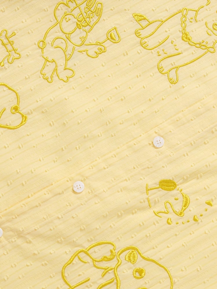 Yellow Puppy Embroidery Short Sleeve Shirt with Tie - Languid Park