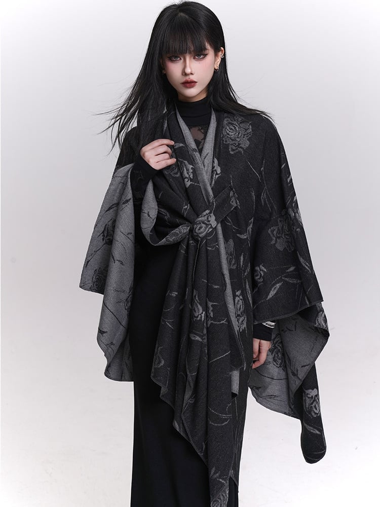 Floral Pattern Gothic Shawl Black with