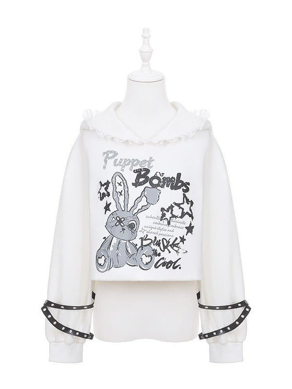Cropped White Hoodie with Bunny Print and Lace Bunny Ear Detail - Puppet Bombs