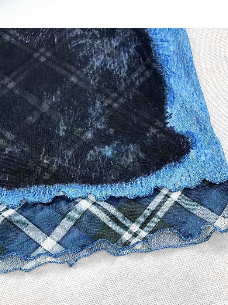 Plaid und Muster Bittersüß gerollt Druck Buchstabe Katze Y2K blau