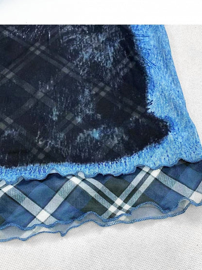 Plaid und Muster Bittersüß gerollt Druck Buchstabe Katze Y2K blau