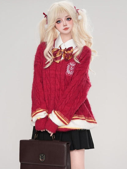 レッド/ブルー/ホワイト Vネック プレッピースタイル ルーズセーター