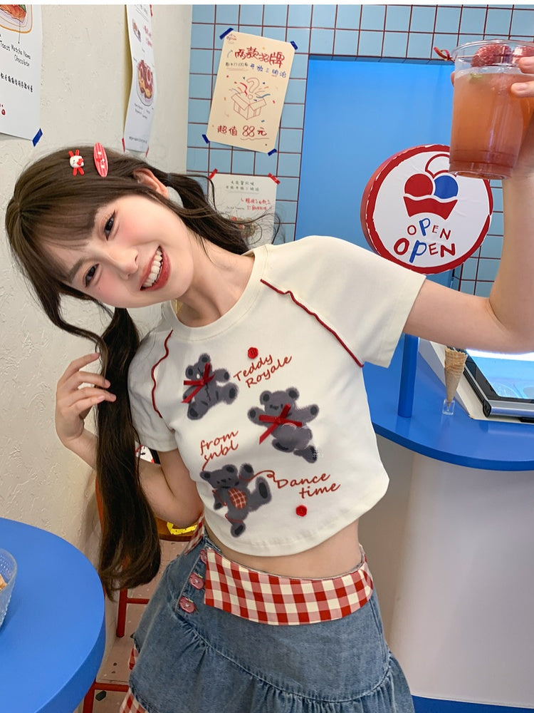 T-Shirt Short/Long White Round Neck Bear Print Version