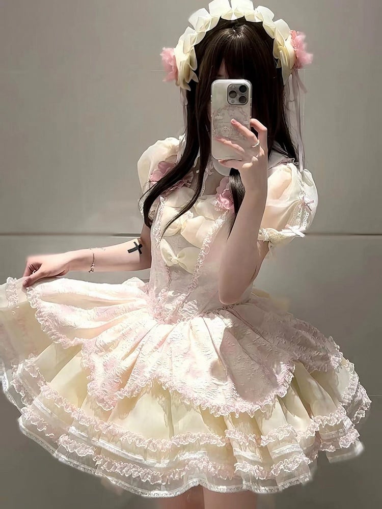 and Ruffles Pink Lace Jumper with Princess Layered Floral-Print Trimmings Lolita Skirt