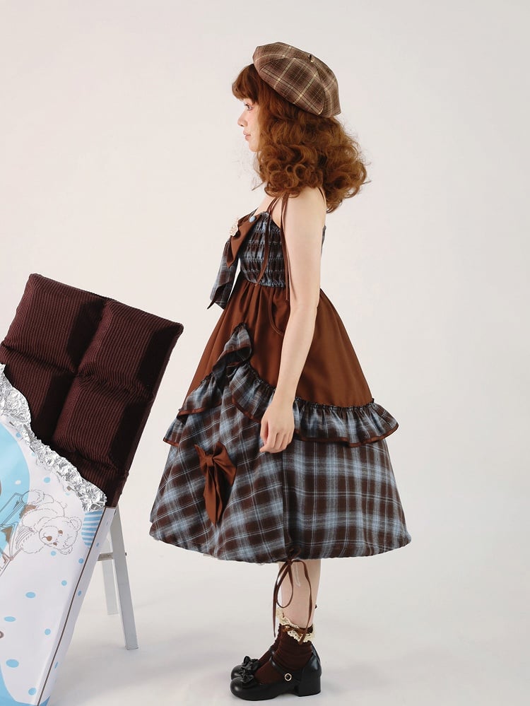 and Dress Asymmetrical Sweet Ruffles Brown Lolita Bow with Accents JSK Blue Plaid