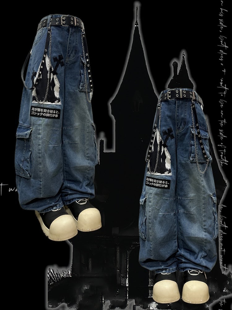 Verzierte Schnittjeans Cargo Y2K Buchstabentaschen Blau Weites Bein Applikation