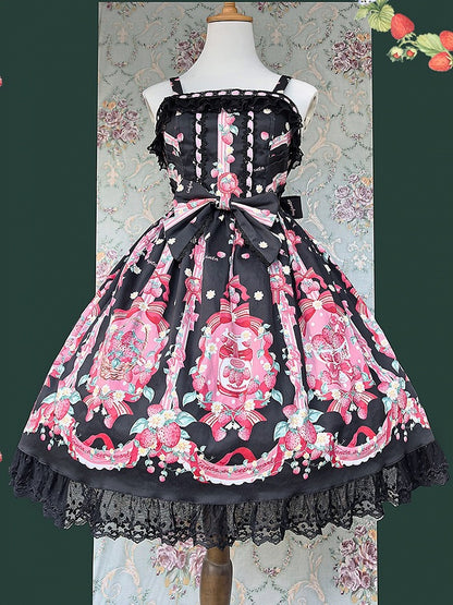 Bow Pink Lolita Lace Hem Strawberry with Black Print Sweet Dress and Details
