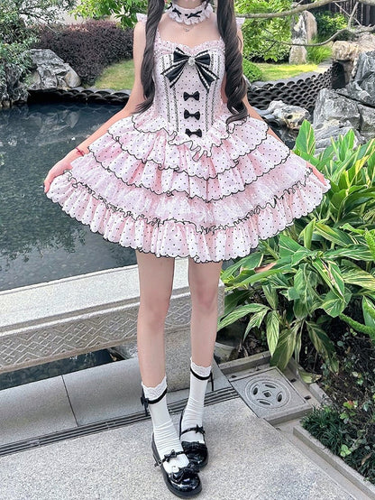 Sleeves Boned Detachable Sweet Waist Dress with Retro Polka Dots Lolita Pink Puff