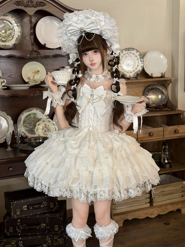 White Ballet Style Lace Ruffle Lolita JSK Dress with Bead Chain Bow and Back Bow Set - White Sugar Girl