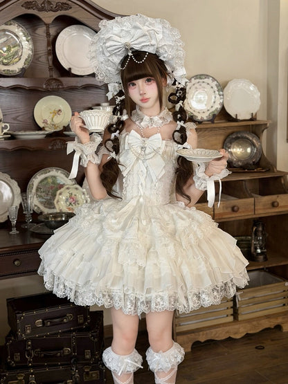 White Ballet Style Lace Ruffle Lolita JSK Dress with Bead Chain Bow Details - White Sugar Girl
