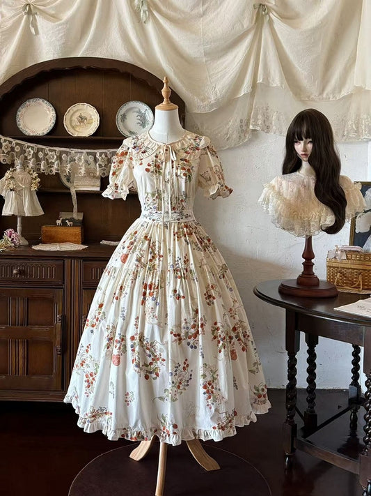 Beige A-Line Dress with Berry Embroidery and Lace Details - Zoncel
