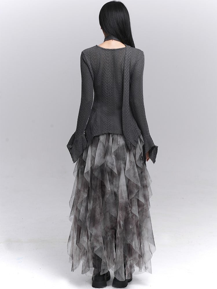 with  Gray Cascading Ruffles Skirt Tulle Asymmetrical Gothic