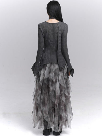 with  Gray Cascading Ruffles Skirt Tulle Asymmetrical Gothic
