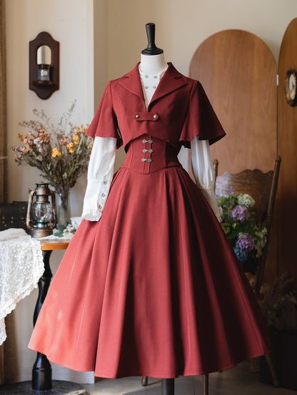 Roter langer Herbst-Vintage-Rock mit abnehmbarem Neckholder-Träger und hoher Taille