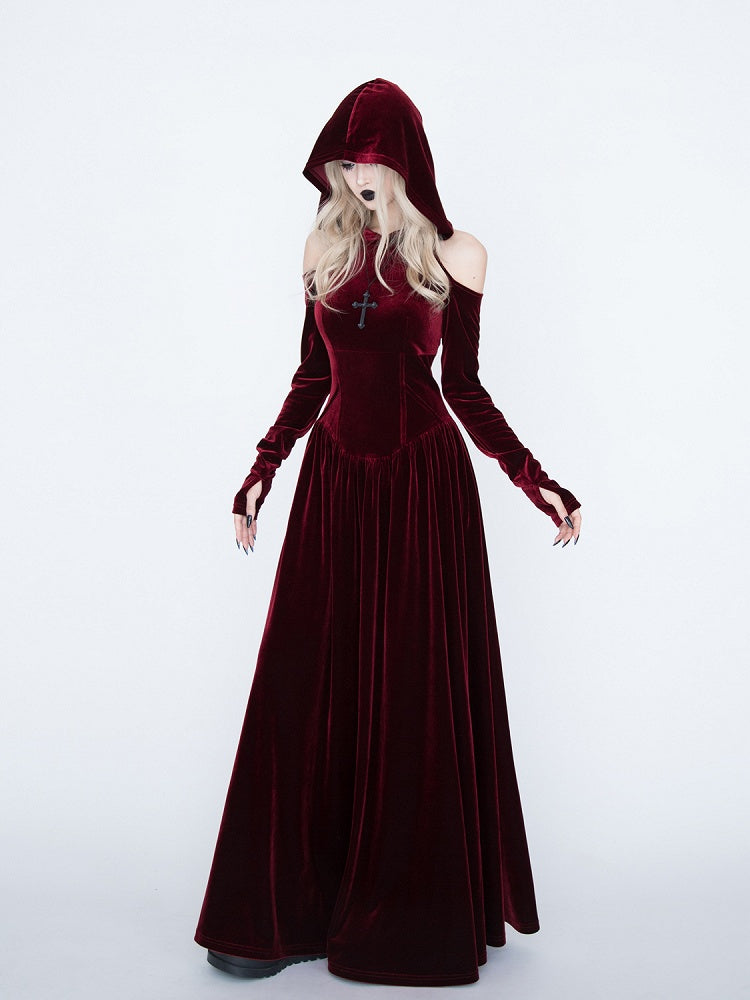 Dress Gothic Cutout Style Red Medieval Vampire with Shoulder Witch Velvet Hooded -