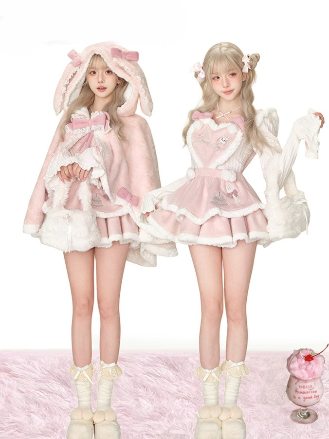 Fluffy Pink Overall Tiered Skirt with Bunny and Heart Panel - serendipity