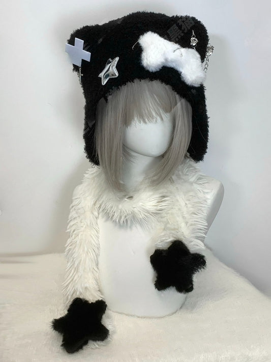 Black and White Detachable Stars Plush Scarf