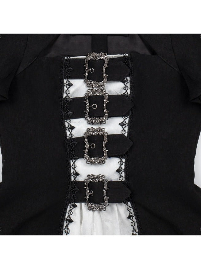 Black and White Gothic Long Lolita OP Gown with Metal Buckle and Mini Hat Set - With PUJI