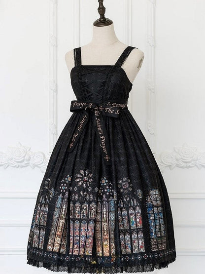 Version Church Collar Window Print Gothic Detachable Stained Black Long White with Dress Lolita